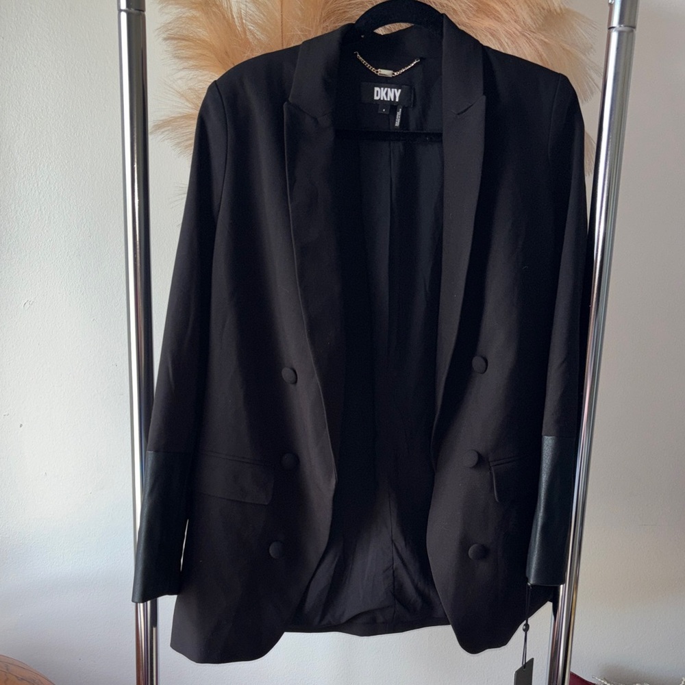 DKNY Elegant Black Double-Breasted Blazer with Faux Leather wrists